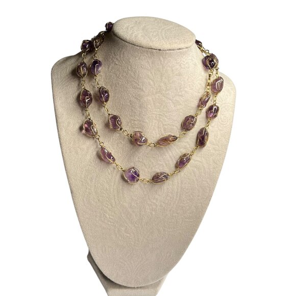 Purple Beaded Necklace With Gold Wire Wrap Long Layered Style Statement Jewelry - Picture 2 of 4